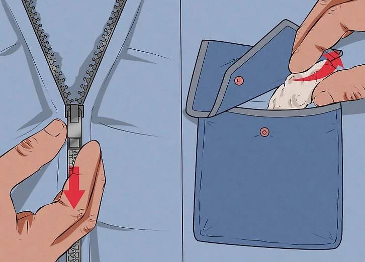 拉起拉鏈,扣上扣子,檢查口袋